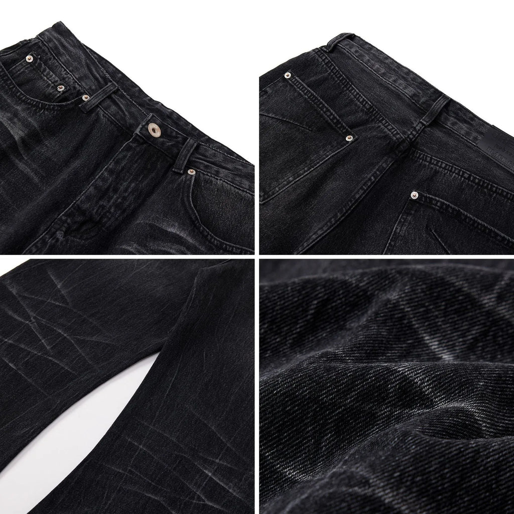 Men's black straight-leg jeans with lightning crack distressing on cotton denim