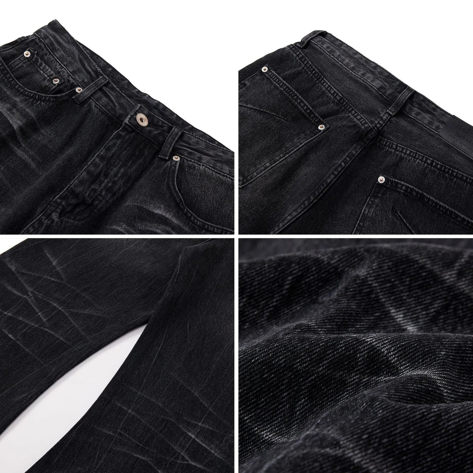 Men's black straight-leg jeans with lightning crack distressing on cotton denim