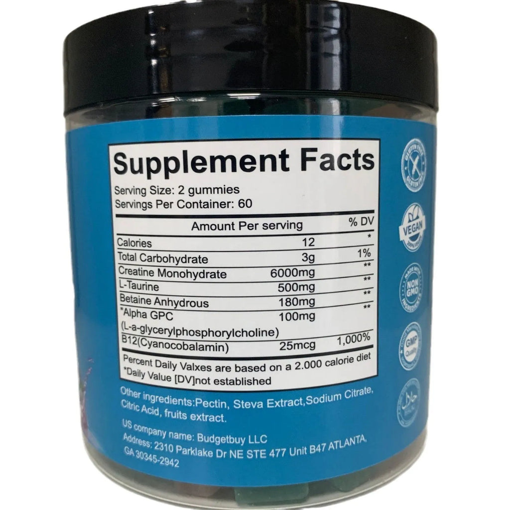Bottle of raspberry flavoured creatine monohydrate gummy supplements with 120 count