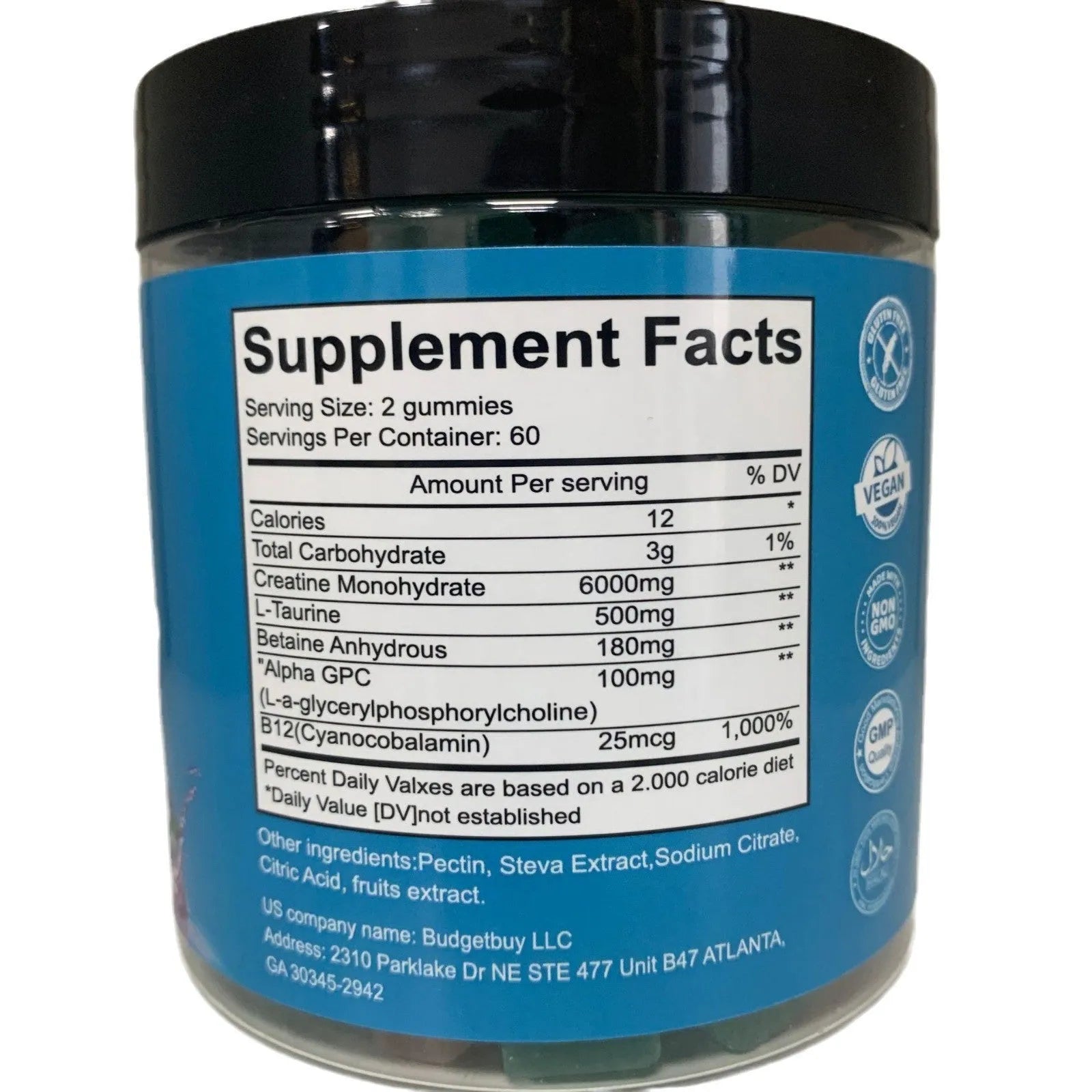 Bottle of raspberry flavoured creatine monohydrate gummy supplements with 120 count