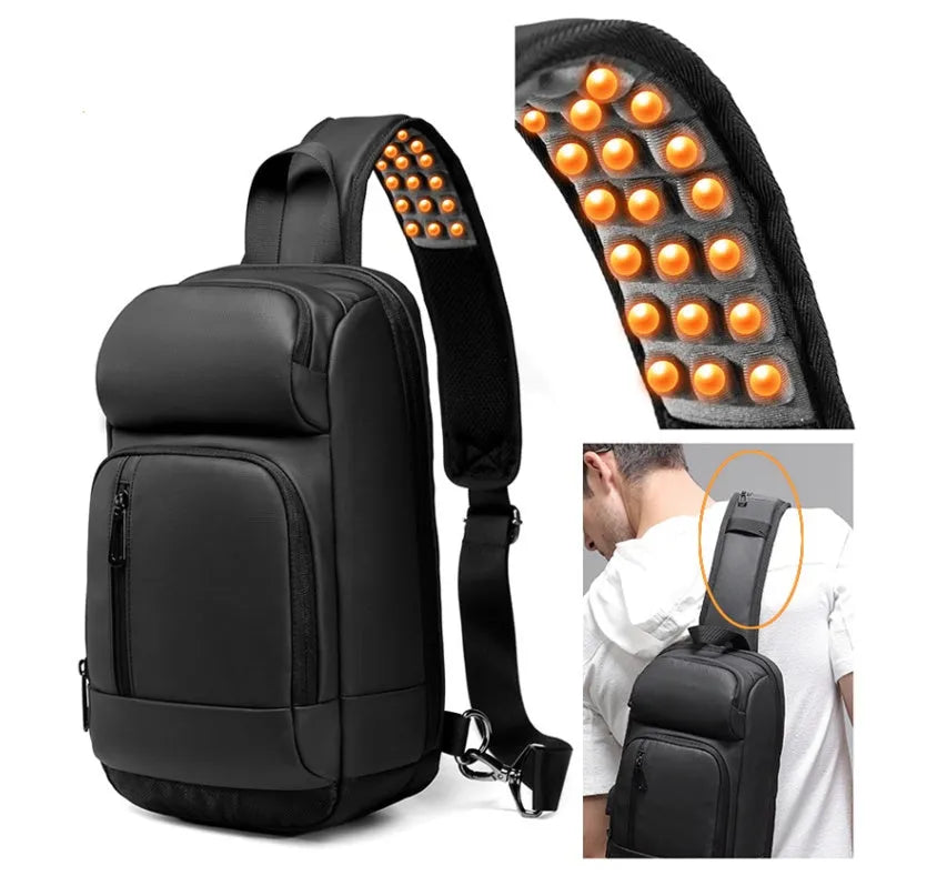 Black medium outdoor PVC shoulder bag with an air cushion strap and organiser pockets.