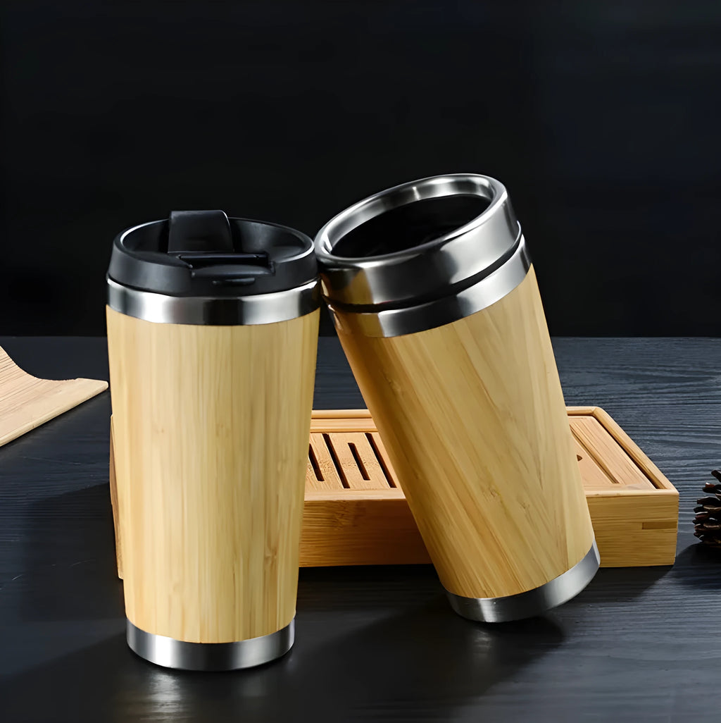 Bamboo insulated coffee cup with leak-proof lid and anti-slip foam pad