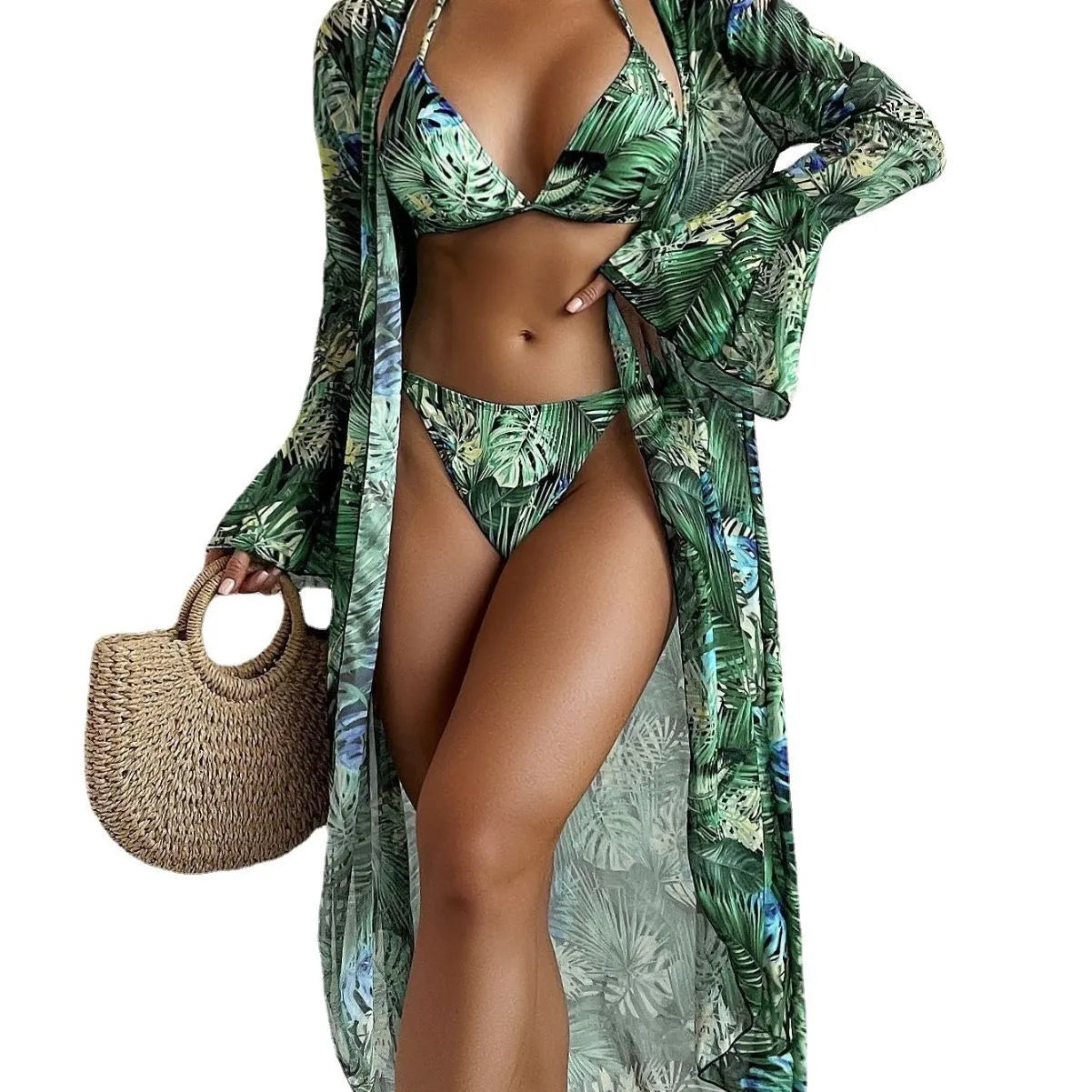 European American split bikini cover beach swimsuit set in green flower pattern with coat top and shorts