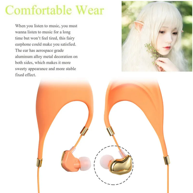 Cute black cartoon elf ear wired in-ear headphones with a built-in microphone and 3.5mm plug.
