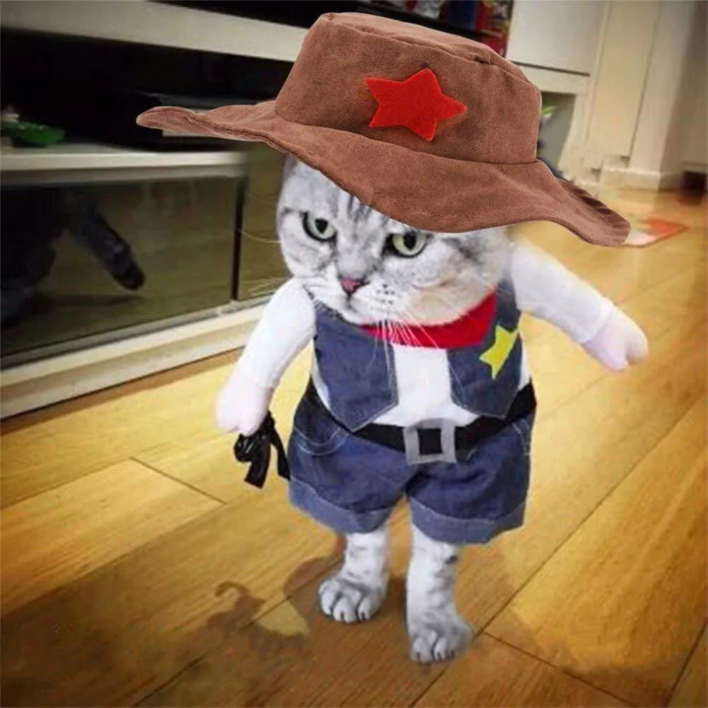 Pet denim cowboy costume with hat for cats and dogs dark blue cloth jacket set