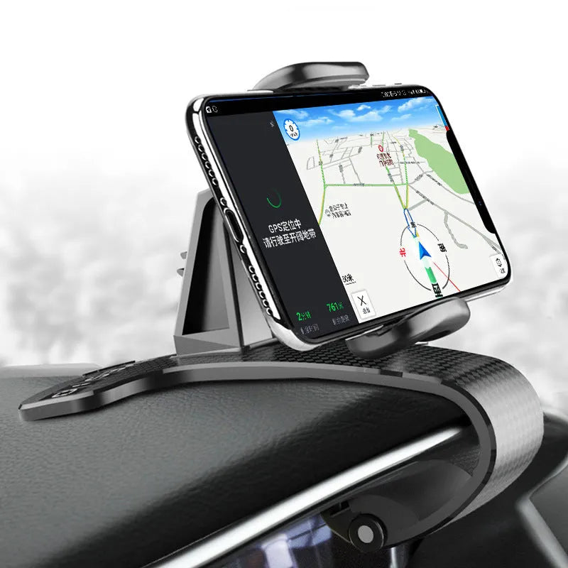 Black adjustable car phone holder with 360-degree rotation on vehicle dashboard