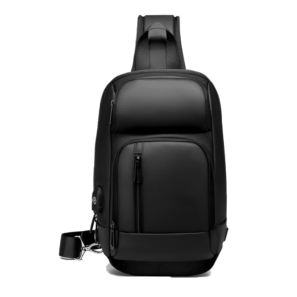 Black medium outdoor PVC shoulder bag with an air cushion strap and organiser pockets.