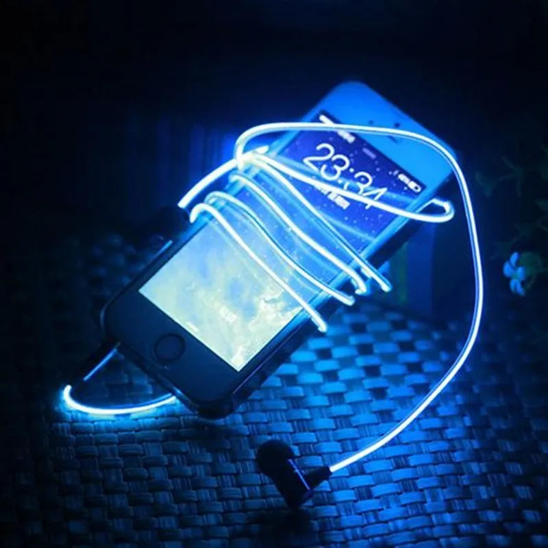 Blue LED light-up earphones with 3.5mm plug and remote control, flashing in sync with music.