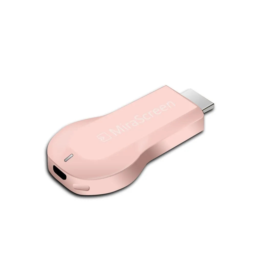 Small white wireless HDMI dongle receiver with USB cable for screen mirroring