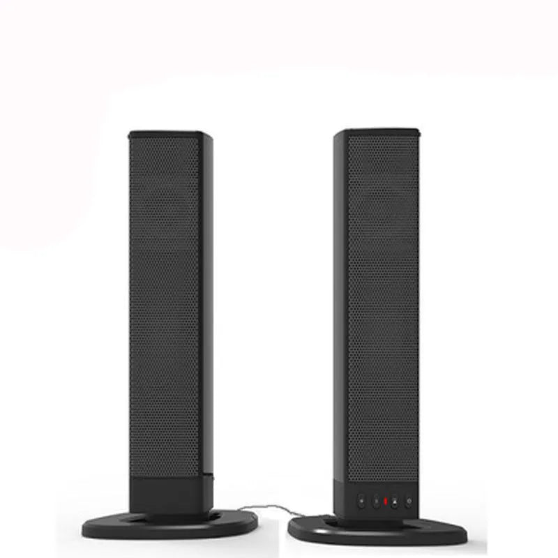 Black foldable split TV Bluetooth speaker with plastic housing showing speaker grilles and control buttons