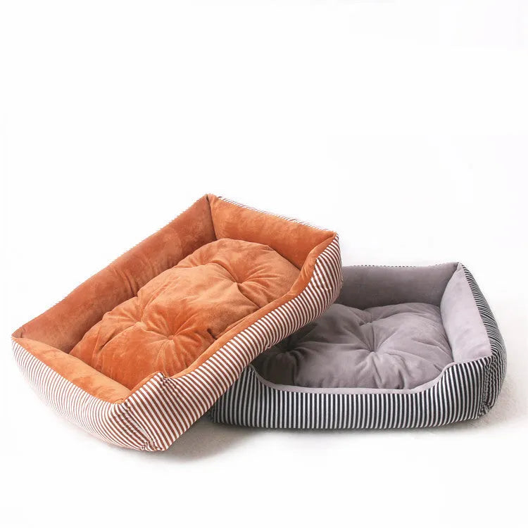 Rectangular soft cloth pet bed for dogs and cats with a removable cover, shown in a stripe pattern.