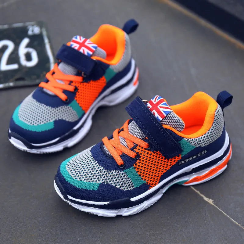 Children's mesh breathable running shoes with Velcro fastening in Pink, Grey Orange, and Royal Blue Grey colours