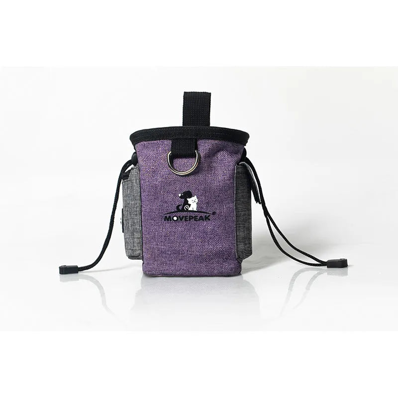 Purple dog training treat pouch with belt clip and waterproof Oxford fabric, 16.5x14x8cm.