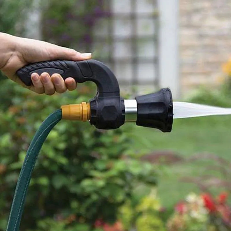Black sprinkler gun car washer with pink accents, five spray settings, 23 cm length