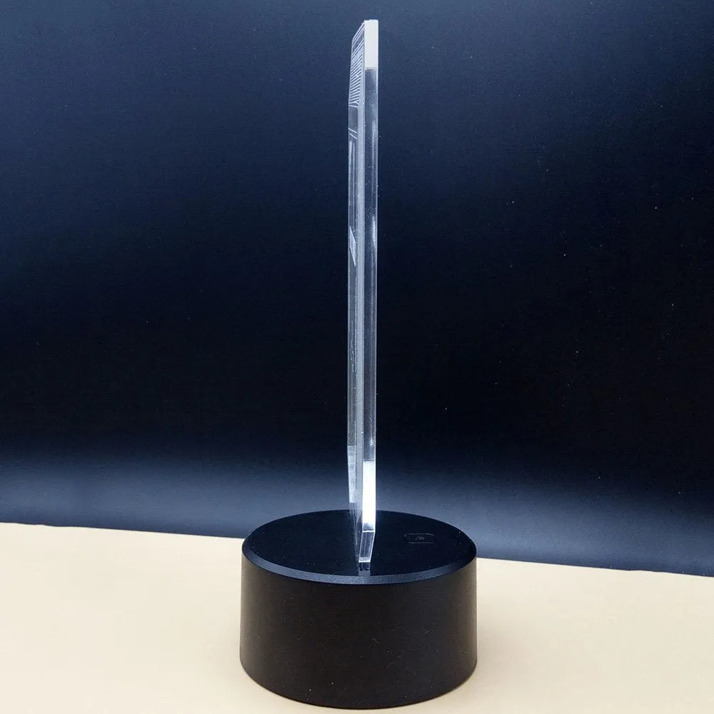 3D brain design acrylic LED lamp with colour changing lights on a black ABS base.