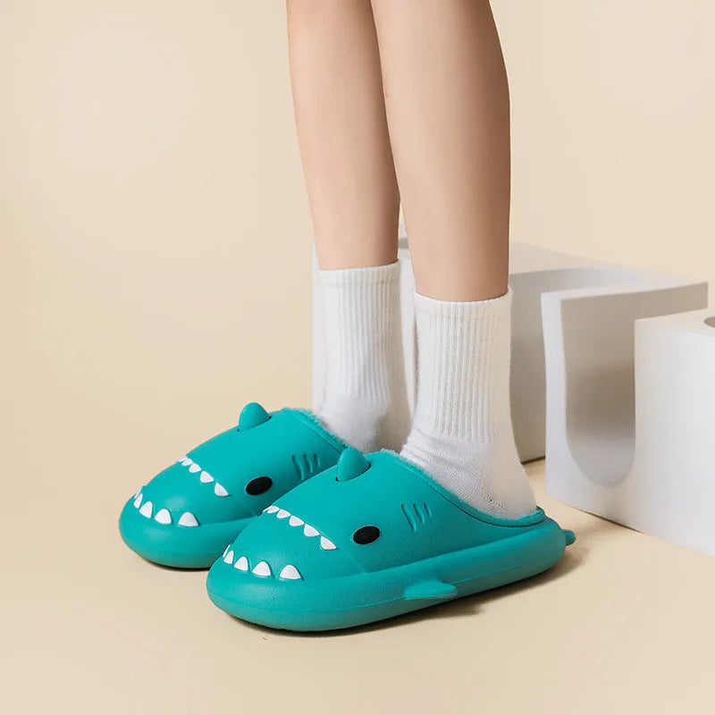Cartoon shark cotton EVA slippers for home use, non-slip waterproof sole in blue colour