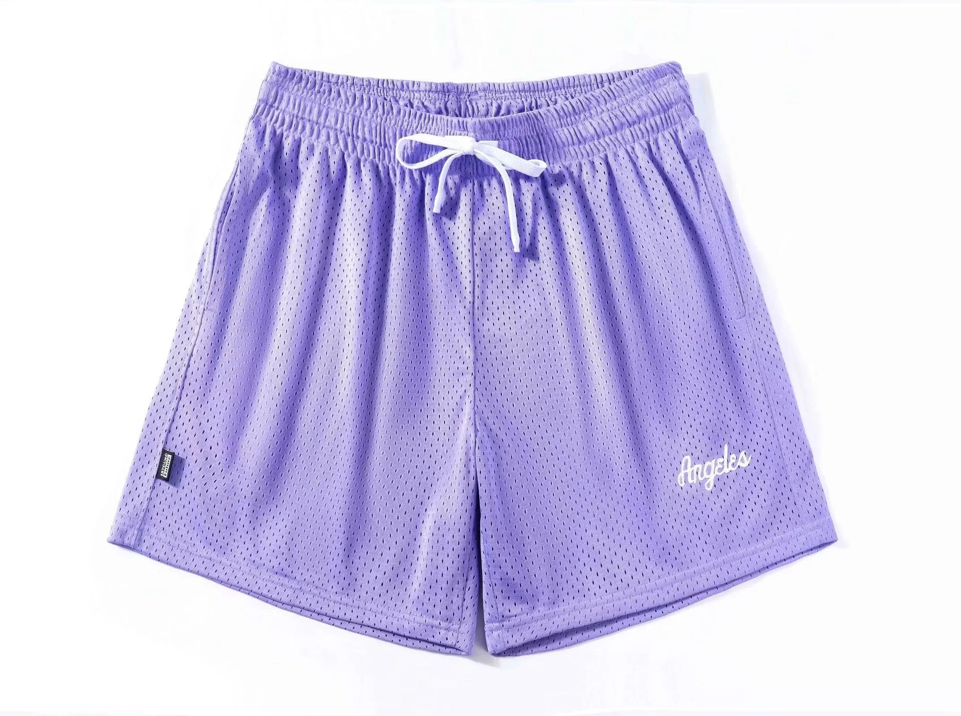 Men's black double-layer mesh sports shorts on a white background.