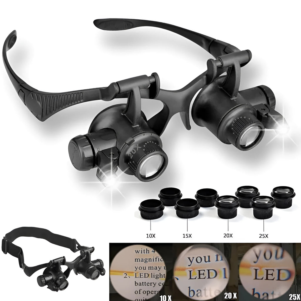 Black double eye magnifier glasses with LED lights and four sets of interchangeable lenses on a headband.