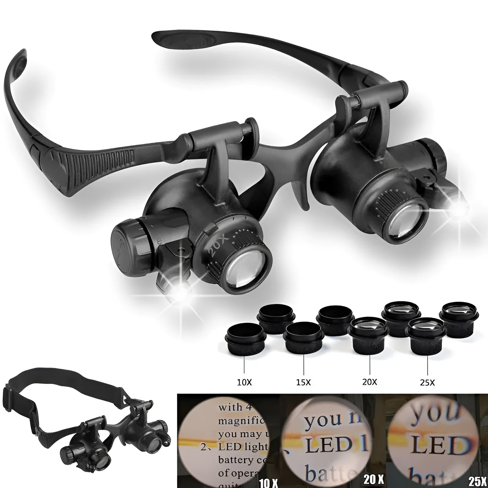 Black double eye magnifier glasses with LED lights and four sets of interchangeable lenses on a headband.