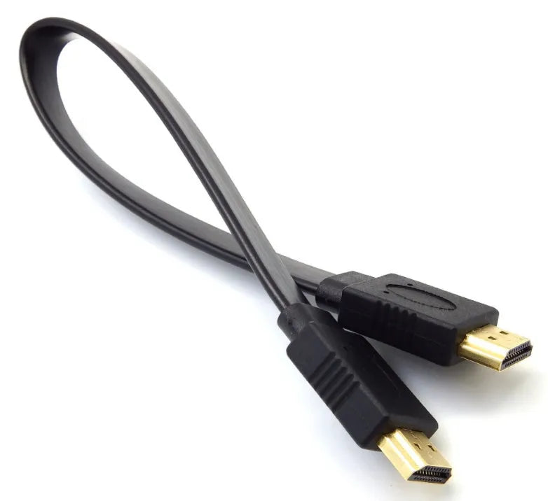 Flat black HDMI cable with male connectors on a white background