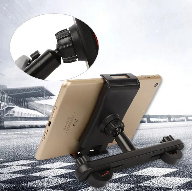 Black universal car tablet holder with adjustable steel mount attached to a car headrest.