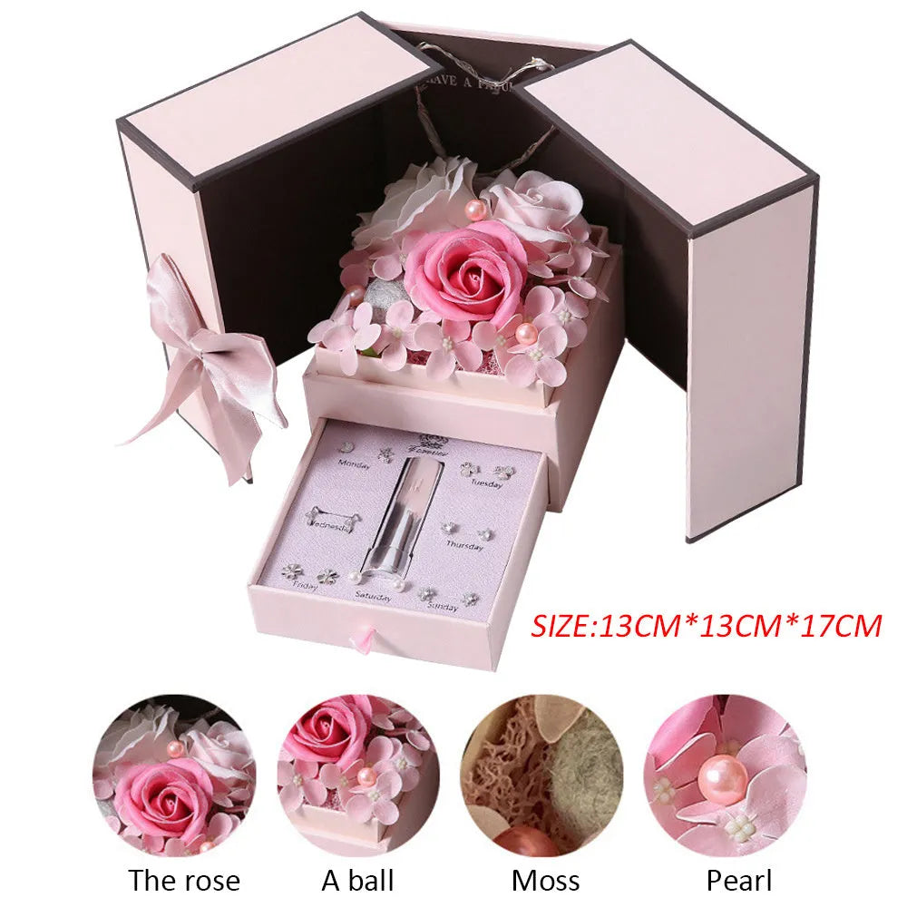 Pink lamp gift box with handmade soap flower rose in pink colour, ready for Christmas or Valentine's Day