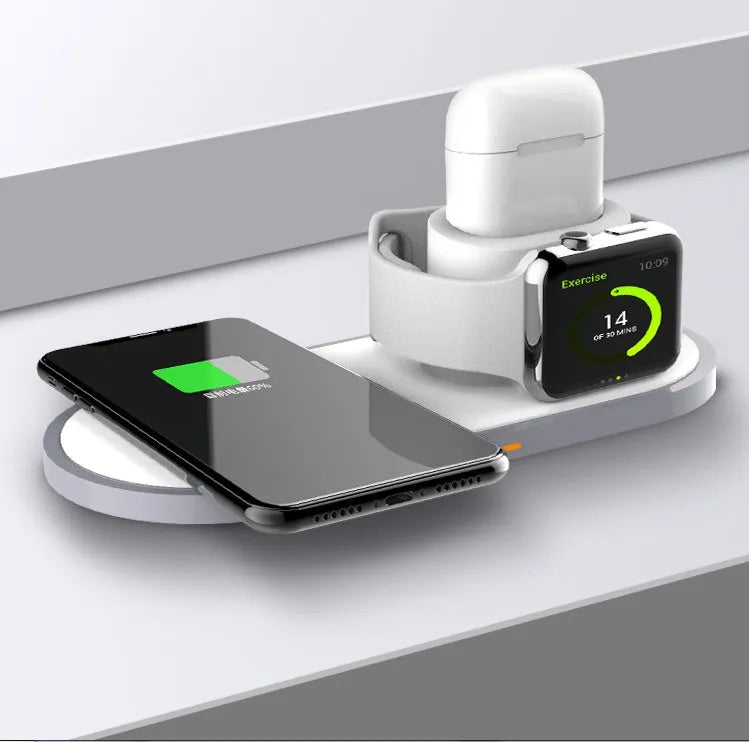 White three-in-one wireless charger for phone and watch with Type-C port and LED indication