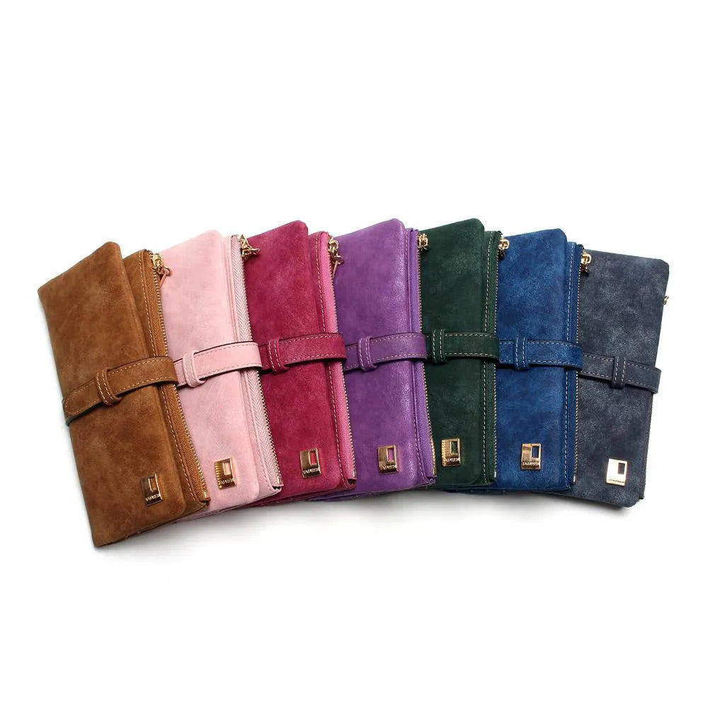 Vertical long ladies wallet in soft PU leather with a zip closure and decorative lock, showing interior card slots and compartments.