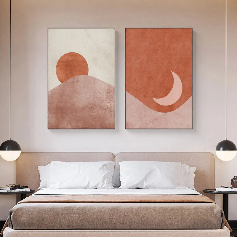 Abstract Nordic style pink canvas wall art with aluminium alloy frame on living room wall