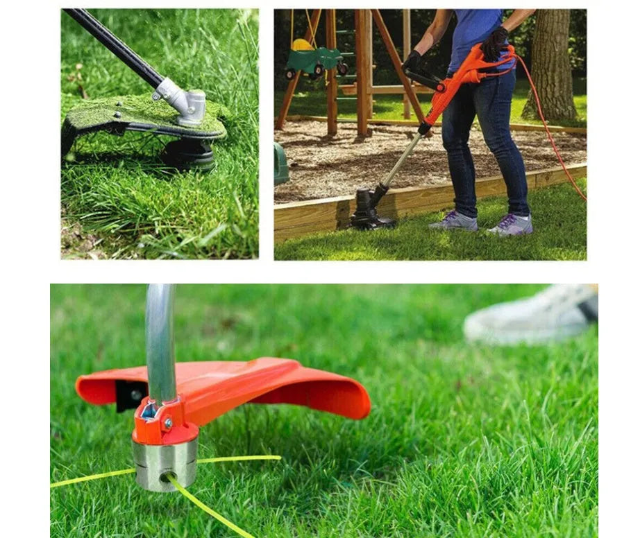 Silver aluminium cylinder grass trimmer head with four light yellow square grass ropes