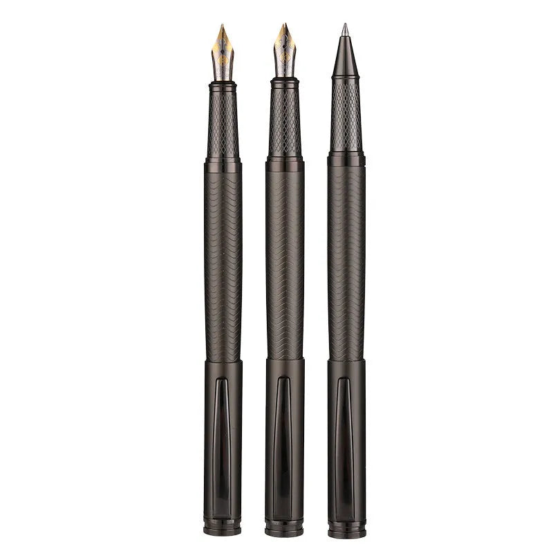 Fog gun grey metal signature pen with bullet nib and 0.5mm line width on dark table