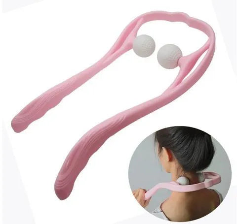 Blue plastic manual neck massager with adjustable stand and 3D floating-point rollers on a white background.