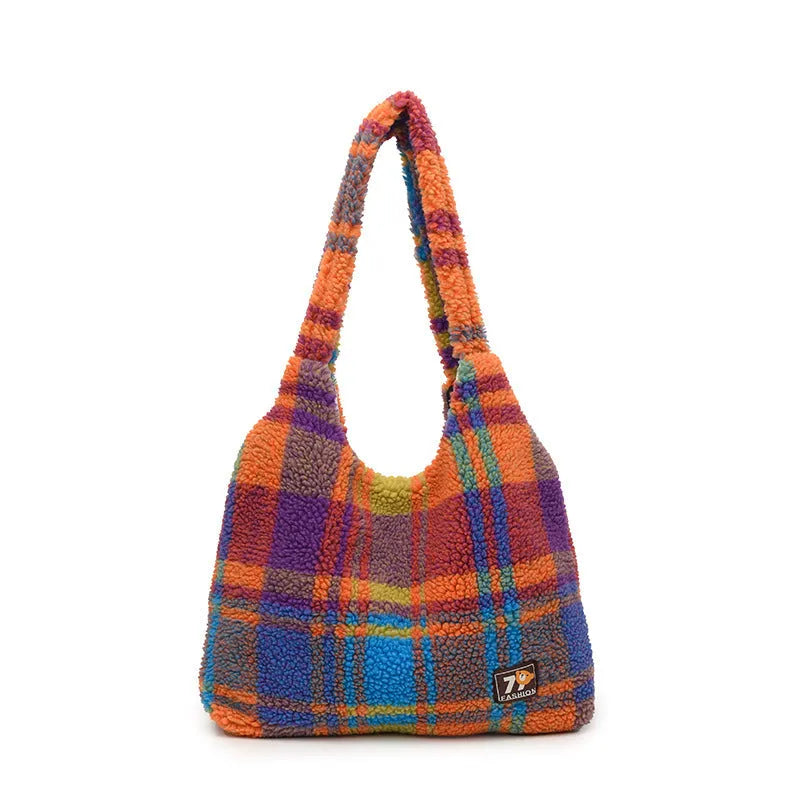 Women's plaid plush crossbody tote bag in Army Green showing horizontal square shape and shoulder strap