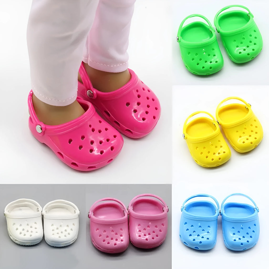 Blue, red, yellow, and green plastic doll beach slippers fashion accessory.