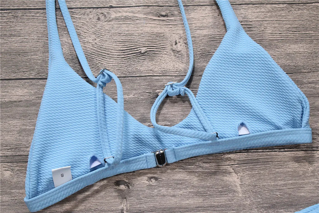 Women's solid colour bikini set low waist wire-free with removable pads polyester spandex beachwear