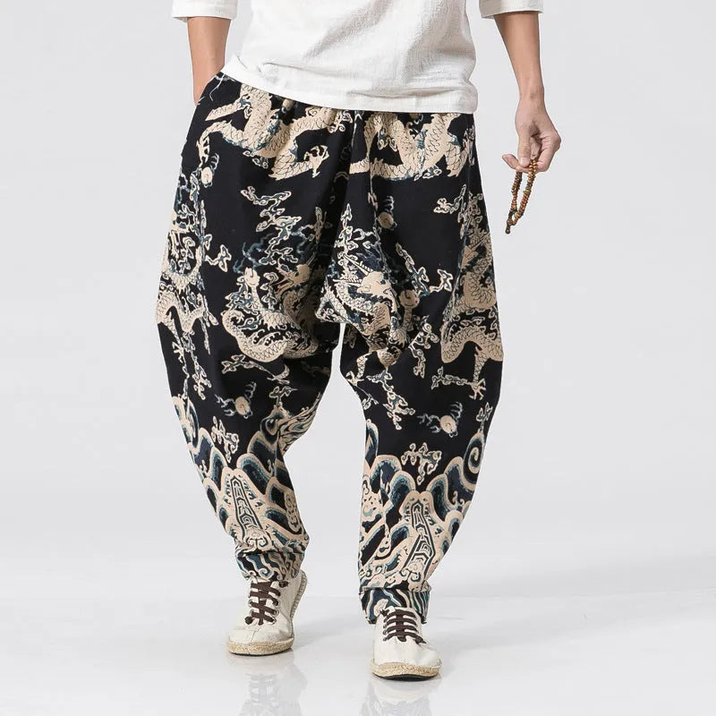 Men's dragon print harem pants with elastic waist and loose fit, available in multiple sizes