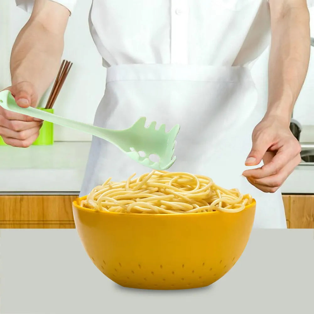 Plastic kitchen utensil set showing multifunction shovel and spaghetti serving spoon