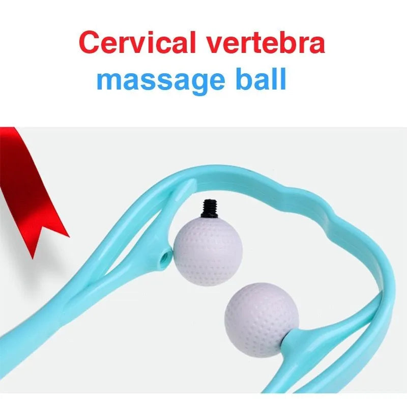 Blue plastic manual neck massager with adjustable stand and 3D floating-point rollers on a white background.