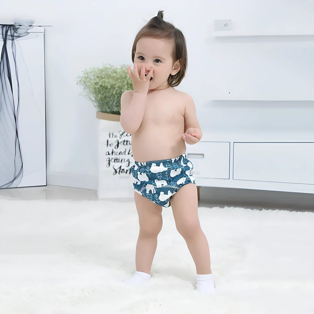 Baby training learning pants in cotton gauze with TPU waterproof layer, shown in panda print on white background