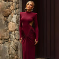 Slim fit long sleeve high collar dress with pleated backless detail in a solid colour.