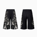 Women's grey printed hoodie, matching loose trousers, and seven-inch shorts laid flat as a three-piece co-ord set.