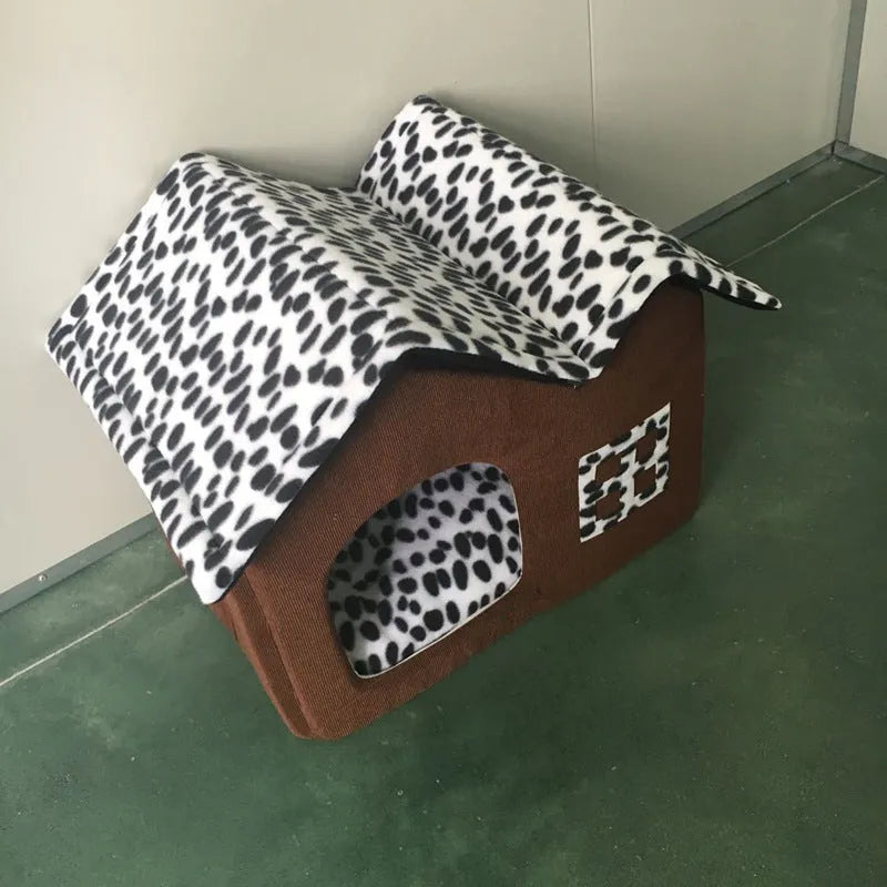 Coffee foldable winter pet kennel dog house with double roof, open size 55cm by 40cm by 42cm