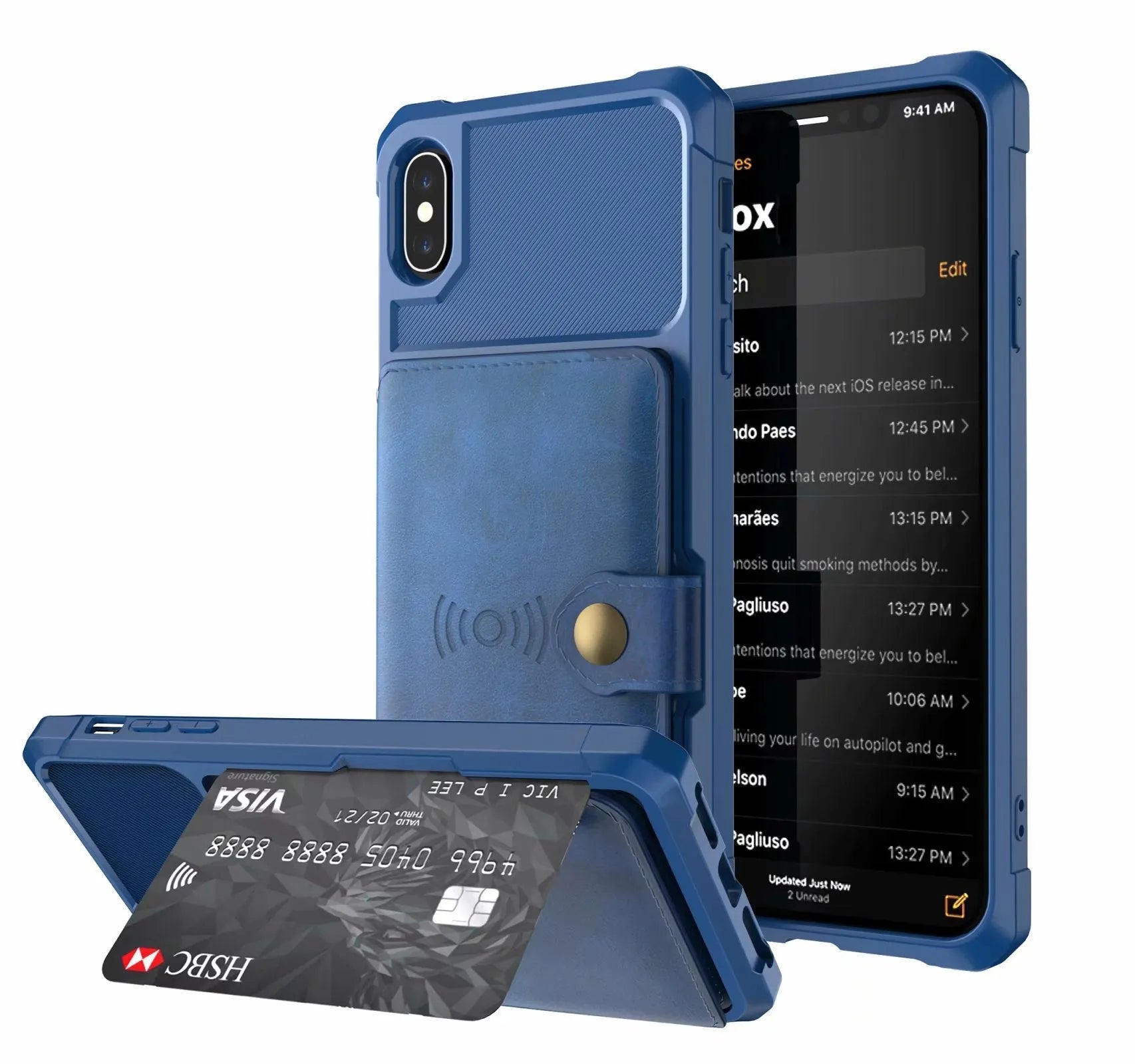 Geometric pattern PU mobile phone case in blue, shown on an iPhone model.