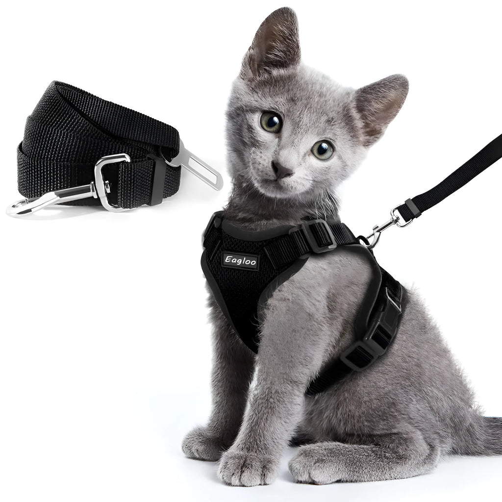 Escape proof cat vest harness in black with reflective trim and car seat belt adapter leash