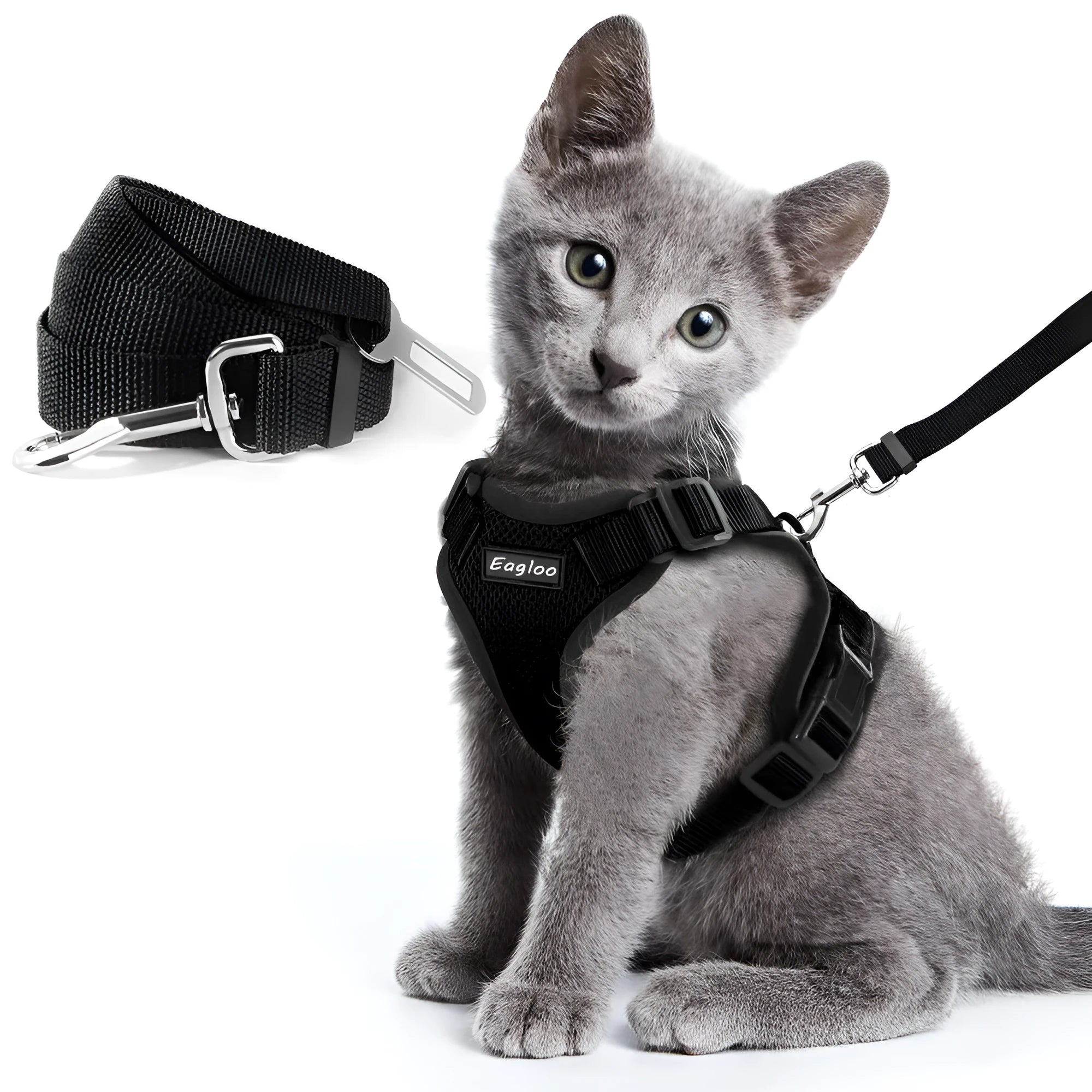 Escape proof cat vest harness in black with reflective trim and car seat belt adapter leash