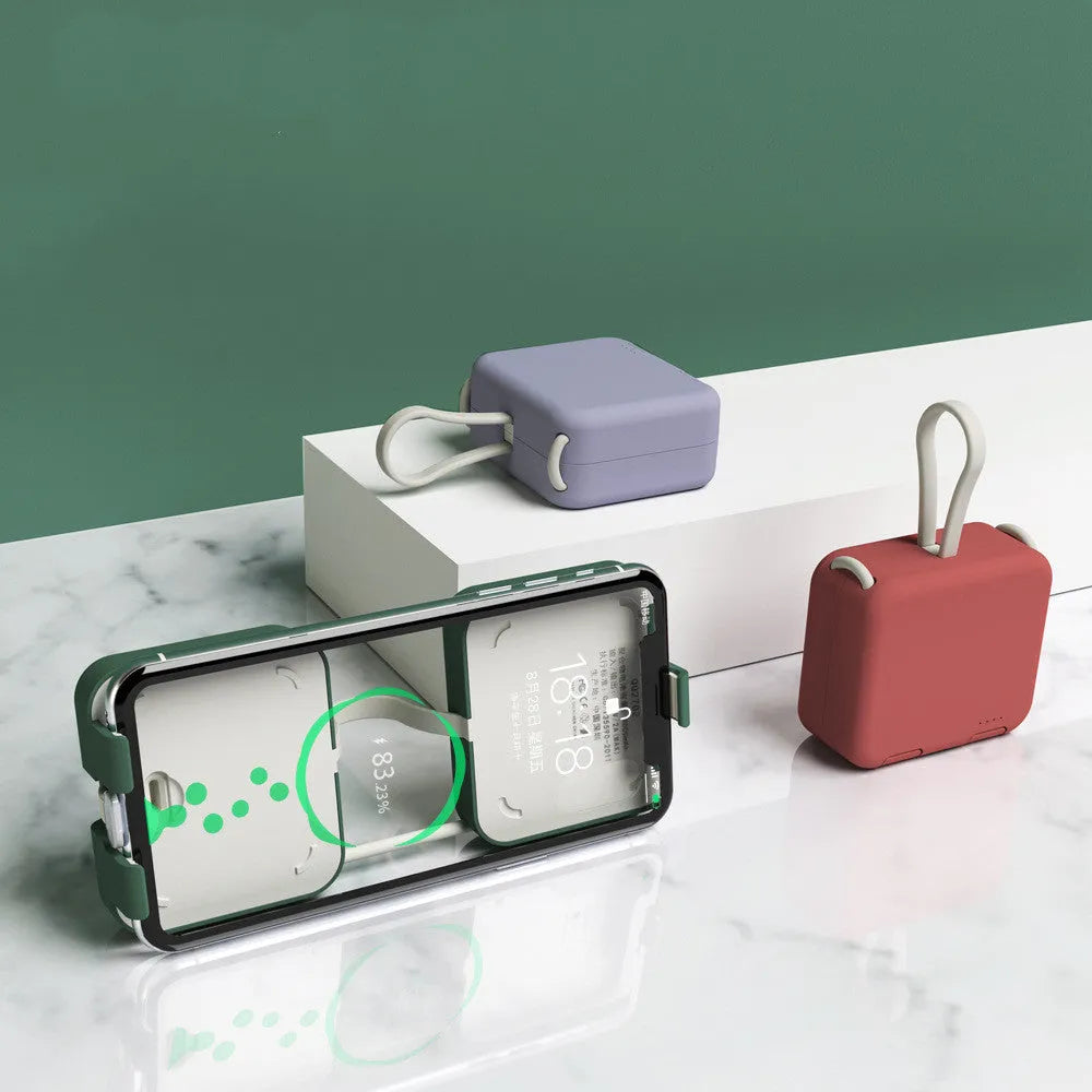Handbag clip-on power bank in blue showing USB-A, Type-C and Lightning ports and built-in phone stand