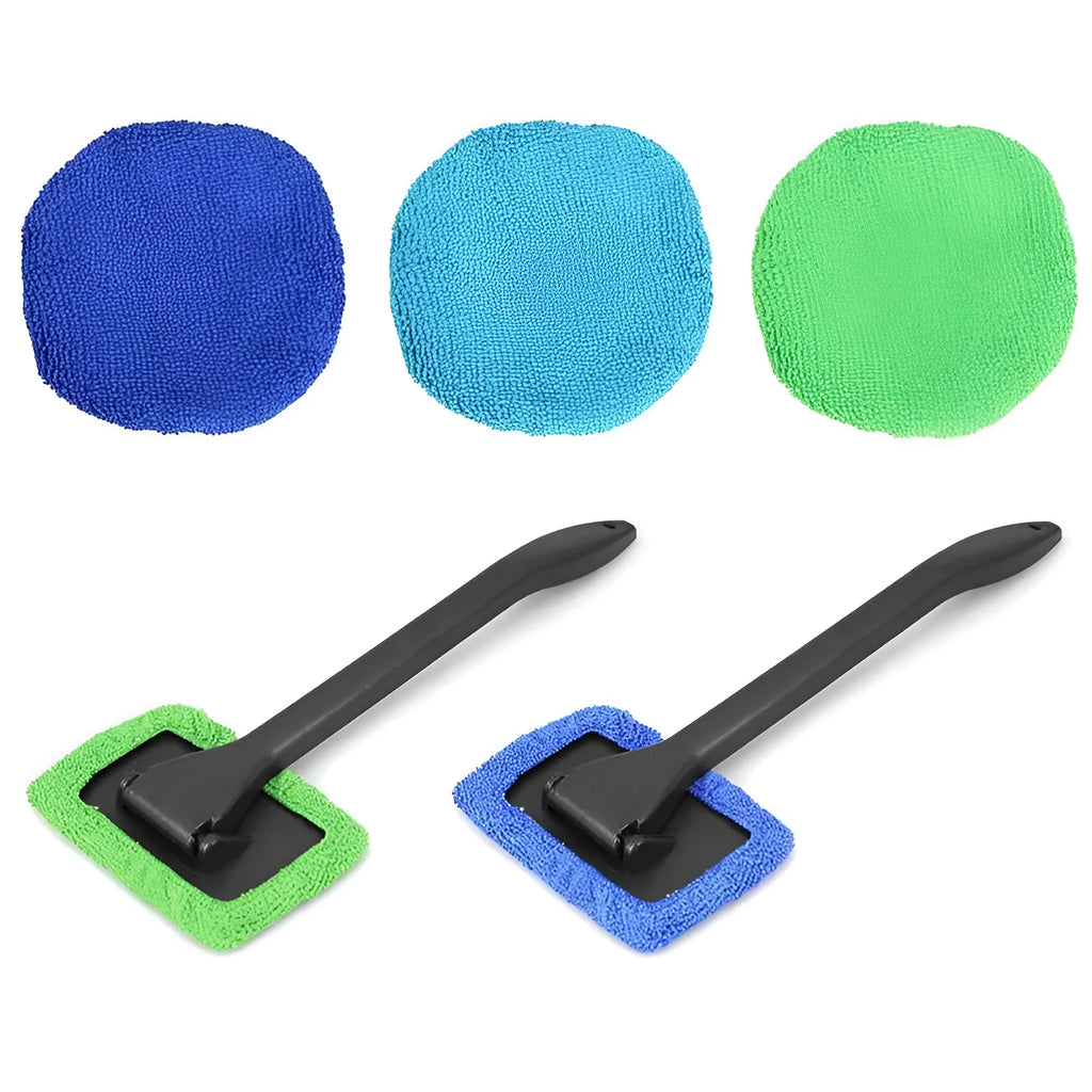 Car window pivoting microfiber cleaner with telescopic pole and PP handle in dark blue and green