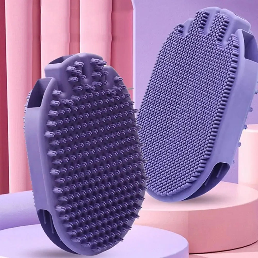 Purple dual-sided pet massage shampoo brush with soft TPR bristles for dog and cat grooming