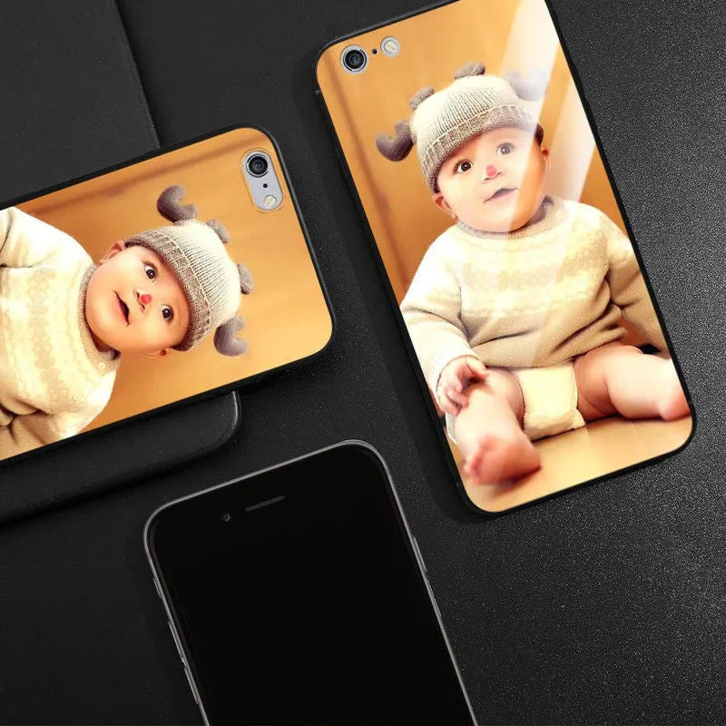 Slim patterned protective case for Apple iPhone with raised edges around screen and camera.