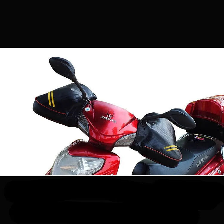 Black leather motorcycle handlebar muffs with widened sleeve mouth for winter scooter and curved beam bike use